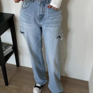 側抓破牛仔寬褲